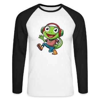 Frosch Lustige Cartoon Figur Kopfhörer Musik - Unisex Baseballshirt langarm - Weiß/Schwarz - Vorne - Nik (191cm)