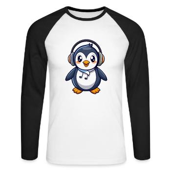 Pinguin Lustige Zeichentrickfigur Kopfhörermusik - Unisex Baseballshirt langarm - Weiß/Schwarz - Vorne - Nik (191cm)