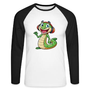 Serpent Drôle Dessin Animé Personnage Casque Musique - T-shirt baseball manches longues Homme - blanc/noir - Devant - Nik (191cm)