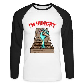 Zombie Pizza Ich habe Hunger - Unisex Baseballshirt langarm - Weiß/Schwarz - Vorne - Nik (191cm)