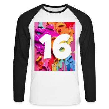 NR. 16 NUMMER 16 BUNT 16. GEBURTSTAG - Unisex Baseballshirt langarm - Weiß/Schwarz - Vorne - Nik (191cm)