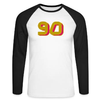 90. 90 JAHRE. 90-JÄHRIGES JUBILÄUM. 90-JÄHRIGES JUBILÄUM. - Unisex Baseballshirt langarm - Weiß/Schwarz - Vorne - Nik (191cm)
