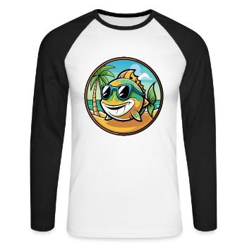 Fisch Lustige Cartoon Sommer Strand Sonnenbrille Aufkleber - Unisex Baseballshirt langarm - Weiß/Schwarz - Vorne - Nik (191cm)