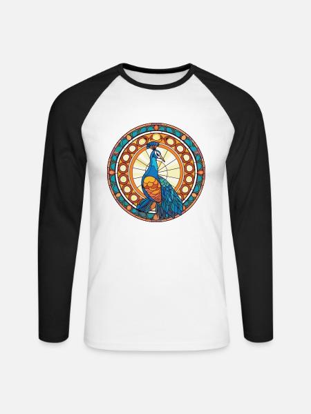 Pfauenbunte Aquarell-Tierillustration - Unisex Baseballshirt langarm - Weiß/Schwarz