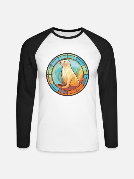 Seelöwe Bunte Aquarell-Tierillustration - Unisex Baseballshirt langarm - Weiß/Schwarz