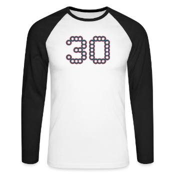 30. 30 ANS. 30e ANNIVERSAIRE. ANNIVERSAIRE 30 ANS. - T-shirt baseball manches longues Homme - blanc/noir - Devant - Nik (191cm)