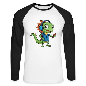 Eidechse Lustige Zeichentrickfigur Kopfhörer Musik - Unisex Baseballshirt langarm - Weiß/Schwarz - Vorne - Nik (191cm)