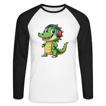 Krokodil Lustige Zeichentrickfigur Kopfhörer Musik - Unisex Baseballshirt langarm - Weiß/Schwarz - Vorne - Nik (191cm)