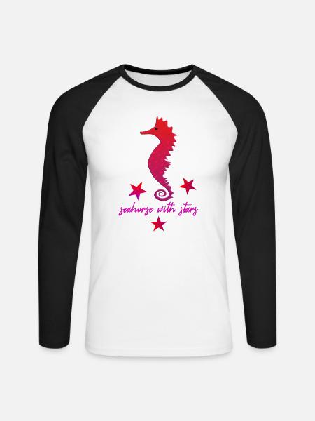 rotes Seepferdchen mit Sternchen pink - Unisex Baseballshirt langarm - Weiß/Schwarz