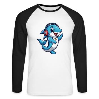 Delfin Lustige Zeichentrickfigur Kopfhörer Musik - Unisex Baseballshirt langarm - Weiß/Schwarz - Vorne - Nik (191cm)