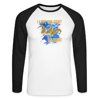 Waller Welssilhouette Angelrute und Farbkleckse - Unisex Baseballshirt langarm - Weiß/Schwarz - Vorne - Nik (191cm)