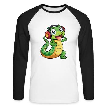 Serpent Drôle Dessin Animé Personnage Casque Musique - T-shirt baseball manches longues Homme - blanc/noir - Devant - Nik (191cm)