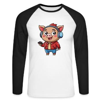 Cochon Drôle Dessin Animé Personnage Casque Musique - T-shirt baseball manches longues Homme - blanc/noir - Devant - Nik (191cm)