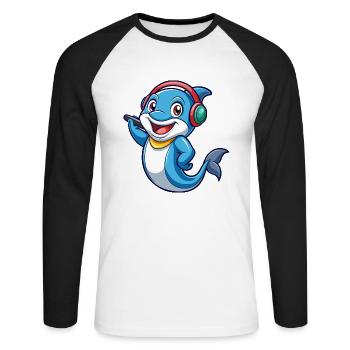 Delfin Lustige Zeichentrickfigur Kopfhörer Musik - Unisex Baseballshirt langarm - Weiß/Schwarz - Vorne - Nik (191cm)