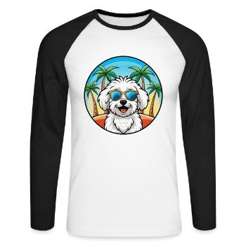 Bichon frisé race de chien dessin animé lunettes de soleil plage - T-shirt baseball manches longues Homme - blanc/noir - Devant - Nik (191cm)