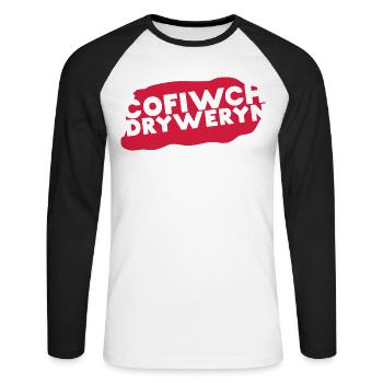Cofiwch Dryweryn - Unisex Baseballshirt langarm - Weiß/Schwarz - Vorne - Nik (191cm)