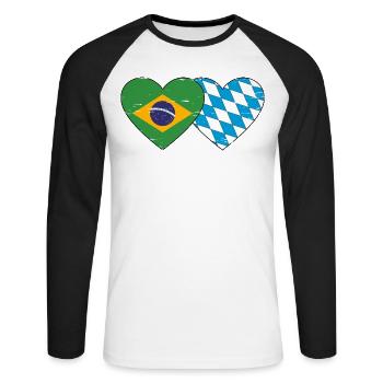 Brasilien Bayern Flagge Herz used - Unisex Baseballshirt langarm - Weiß/Schwarz - Vorne - Nik (191cm)