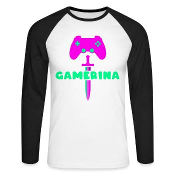 GAMERINA Neon Sword Logo - Unisex Baseballshirt langarm - Weiß/Schwarz - Vorne - Nik (191cm)