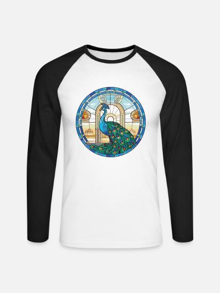Pfauenbunte Aquarell-Tierillustration - Unisex Baseballshirt langarm - Weiß/Schwarz