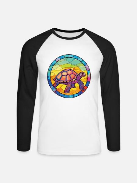 Bunte Aquarell-Tierillustration der Schildkröte - Unisex Baseballshirt langarm - Weiß/Schwarz