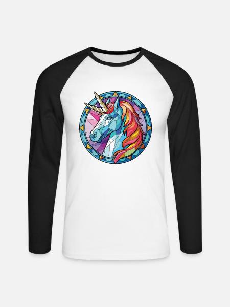 Einhorn-Bunte Aquarell-Tierillustration - Unisex Baseballshirt langarm - Weiß/Schwarz