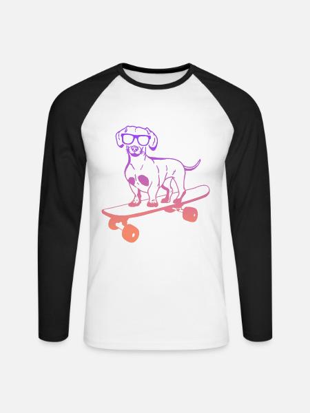 Skateboard Dackel Skater Stunt Skateboarding - Unisex Baseballshirt langarm - Weiß/Schwarz