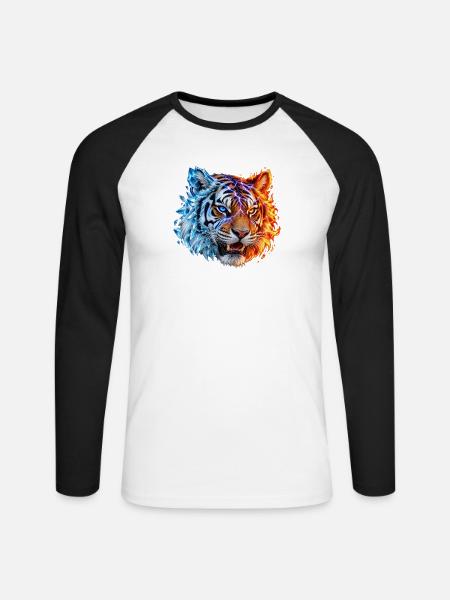 Feuer- und Eistiger – Fantasiekatze - Unisex Baseballshirt langarm - Weiß/Schwarz