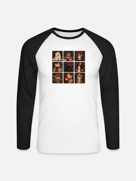 Vintage Christmas Cats Cute Holiday Cat Collage - Unisex Baseballshirt langarm - Weiß/Schwarz