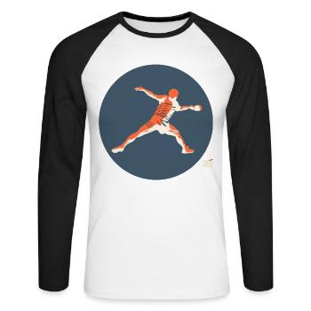 Tischtennisspieler in Aktion – Retro Stil - Unisex Baseballshirt langarm - Weiß/Schwarz - Vorne - Nik (191cm)