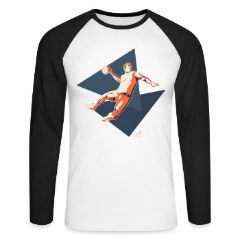 Handballspieler im Sprungwurf – Retro Stil - Unisex Baseballshirt langarm - Weiß/Schwarz - Vorne - Nik (191cm)