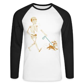 Stürmische Gassirunde Skelett - Unisex Baseballshirt langarm - Weiß/Schwarz - Vorne - Nik (191cm)