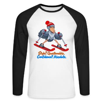 Shoebill auf Skiern – Absolutes Vertrauen - Unisex Baseballshirt langarm - Weiß/Schwarz - Vorne - Nik (191cm)