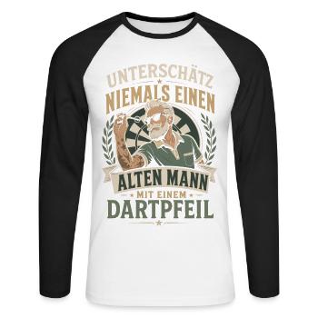 Alter Mann mit Dartpfeil - Unisex Baseballshirt langarm - Weiß/Schwarz - Vorne - Nik (191cm)