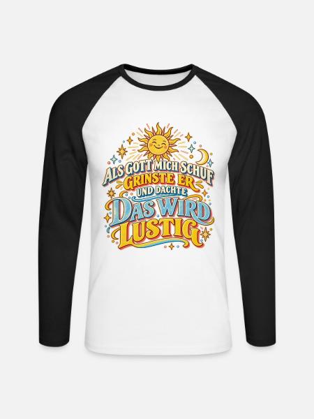 Als Gott mich schuf – Retro Spruch - Unisex Baseballshirt langarm - Weiß/Schwarz