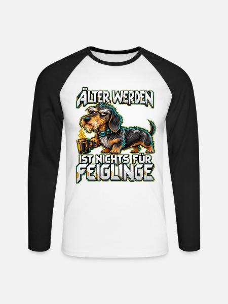 Älter werden: Dackel mit Kaffee - Unisex Baseballshirt langarm - Weiß/Schwarz
