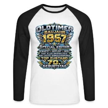 Oldtimer 1957 zum 70. Geburtstag - Unisex Baseballshirt langarm - Weiß/Schwarz - Vorne - Nik (191cm)