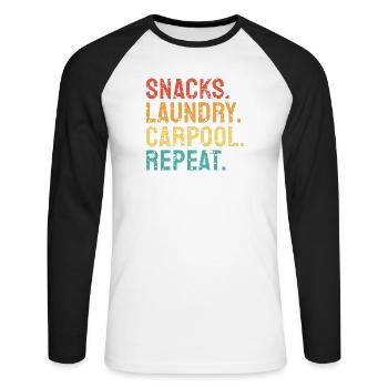 Snacks, Wäsche, Fahrgemeinschaft, Wiederholung - Unisex Baseballshirt langarm - Weiß/Schwarz - Vorne - Nik (191cm)
