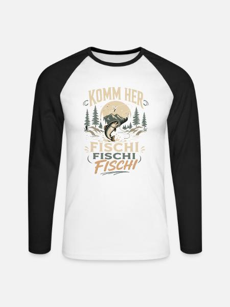 Komm her Fischi Fischi Angler - Unisex Baseballshirt langarm - Weiß/Schwarz