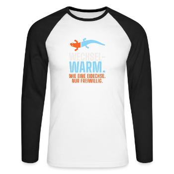 Wechselwarm. Wie eine Eidechse – Sauna & Eisbad - Unisex Baseballshirt langarm - Weiß/Schwarz - Vorne - Nik (191cm)