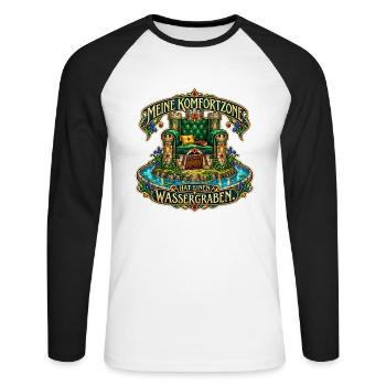 Meine Komfortzone hat einen Wassergraben - Unisex Baseballshirt langarm - Weiß/Schwarz - Vorne - Nik (191cm)