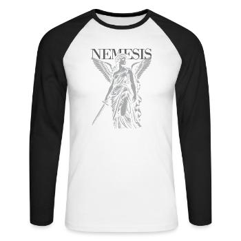 Nemesis-Göttin der Rache - Unisex Baseballshirt langarm - Weiß/Schwarz - Vorne - Nik (191cm)