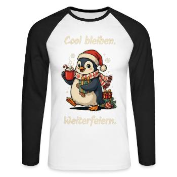 Süßer Pinguin mit Weihnachtsmütze und heißem Kakao - Unisex Baseballshirt langarm - Weiß/Schwarz - Vorne - Nik (191cm)