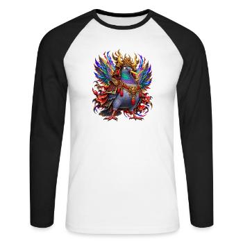 Verrückte Samurai-Taube mit Pommes - Unisex Baseballshirt langarm - Weiß/Schwarz - Vorne - Nik (191cm)