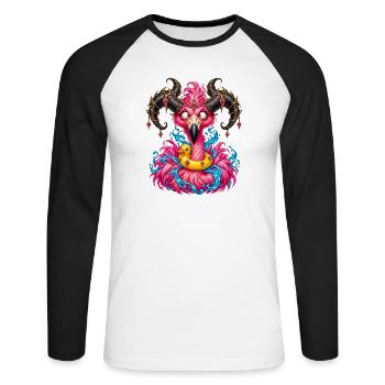 Flamingo-Gehörnter Dämon mit Entenboje - Unisex Baseballshirt langarm - Weiß/Schwarz - Vorne - Nik (191cm)