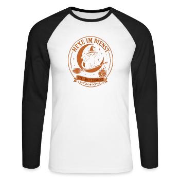 Hexe im Dienst, Vintage Katze Halloween Badge - Unisex Baseballshirt langarm - Weiß/Schwarz - Vorne - Nik (191cm)