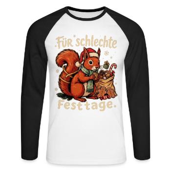 Eichhörnchen mit Nikolausmütze und Nüssen - Unisex Baseballshirt langarm - Weiß/Schwarz - Vorne - Nik (191cm)