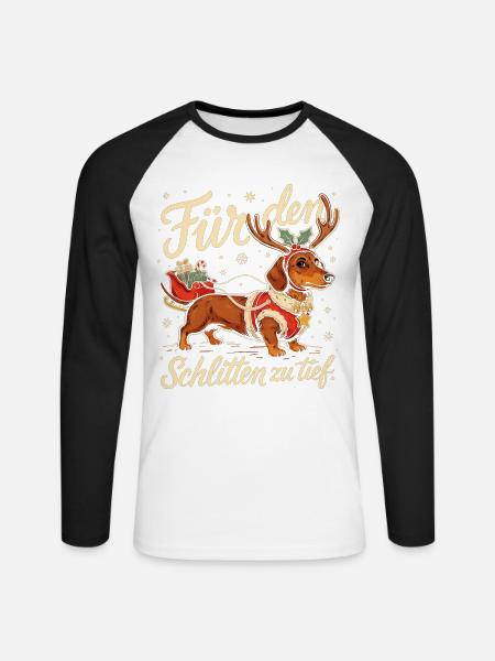 Dackel mit Weihnachtsschlitten und Geschenken - Unisex Baseballshirt langarm - Weiß/Schwarz
