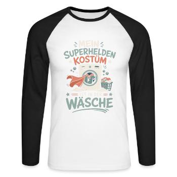 Superhelden Kostüm in der Wäsche - Unisex Baseballshirt langarm - Weiß/Schwarz - Vorne - Nik (191cm)