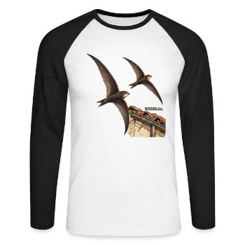Wieder da – Mauersegler über den Dächern - Unisex Baseballshirt langarm - Weiß/Schwarz - Vorne - Nik (191cm)