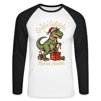 Weihnachts T-Rex mit Nikolausmütze und Geschenken - Unisex Baseballshirt langarm - Weiß/Schwarz - Vorne - Nik (191cm)